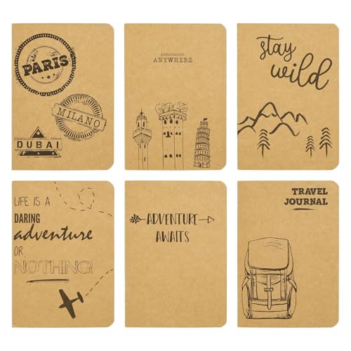 12 Pack A6 Notebook Bulk - 4x6 Brown Kraft Paper Lined Journals for Kids, Coworkers, Office School Supplies (80 Lined Page, 4 x 5.75 In) - 6 Adventure and Travel Designs