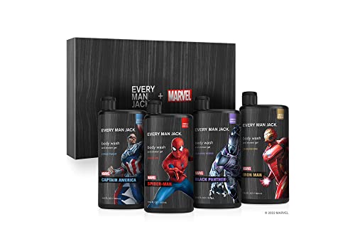 Every Man Jack Marvel Collectors Box Body Wash Gift Set - Includes Four Body Washes with Clean Ingredients & Incredible Scents - Fresh Air, Winter Mint, Crimson Oak, and Wakanda Herbs