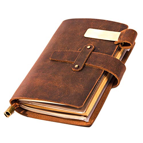 Leather Writing Journal Notebook For Men & Women - Leather Notepad, Pocket Notebook ‎5.3' x 4', 180 Pages - Sketchbook for traveling with Pen Holder, Card Holder, Handmade Refillable Travel Diary